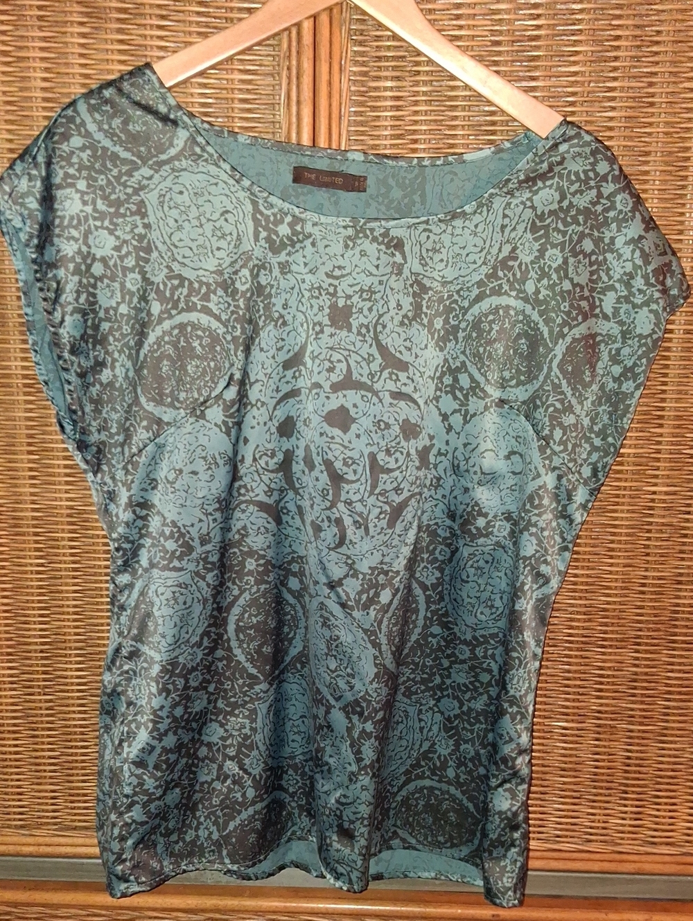 The Limited Teal and Black Printed Short Sleeve Blouse Womens Small